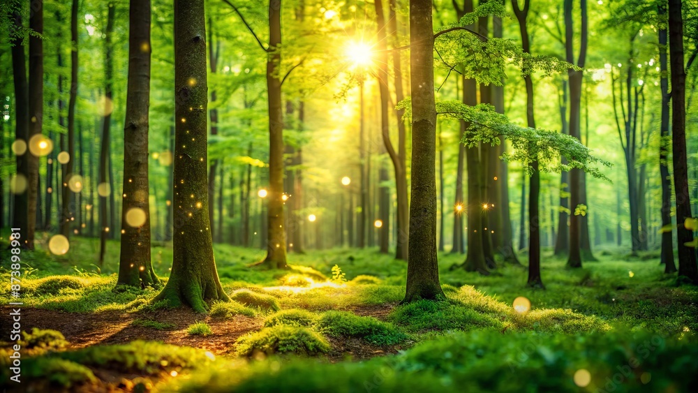 Vibrant green forest scenery with blurred bokeh background capturing serene atmosphere of nature's tranquility and peacefulness in warm natural light. Vibrant green forest scenery with blurred bokeh background capturing serene atmosphere of nature's tranquility and peacefulness in warm natural light.