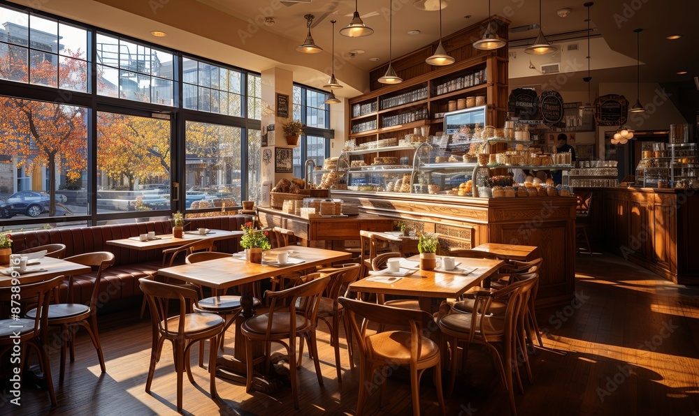 Restaurant Interior With Tables, Chairs, and Large Window Restaurant Interior With Tables, Chairs, and Large Window