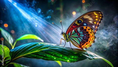 Vibrant Lexias pardalis butterfly feeds on leaf at night in misty Kinabatangan River forest, showcasing Borneo's majestic wildlife and nature. photo