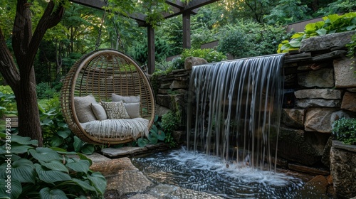 outdoor relaxation space, a tranquil outdoor spot with a swing chair suspended from a strong tree branch, facing a cascading waterfall in the garden, providing a serene space for contemplation photo