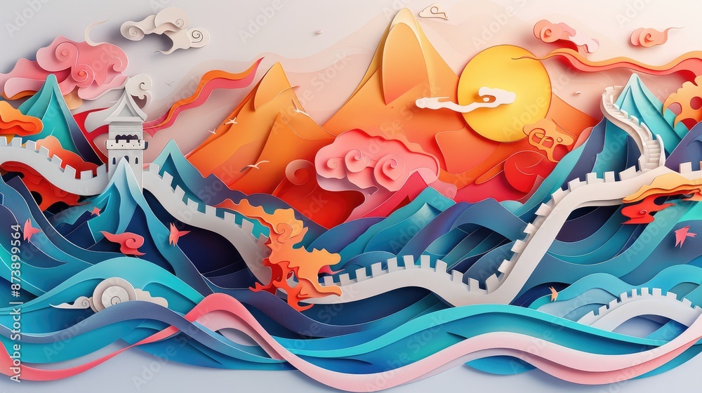Obraz premium Vibrant Paper Layer Art of Great Wall of China Meandering Through Mountain Landscape, Generative Ai