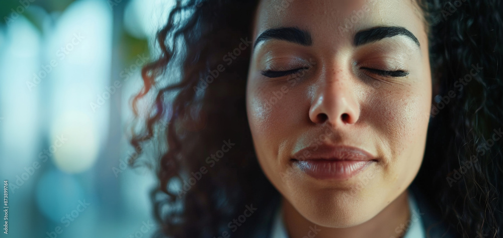 Close-up, businesswoman, eyes closed, savoring, victory, successful, achievement, emotion, satisfaction, career, professional, female Close-up, businesswoman, eyes closed, savoring, victory, successful, achievement, emotion, satisfaction, career, professional, female