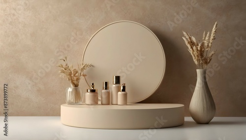 Neutral beige podium for cosmetic product