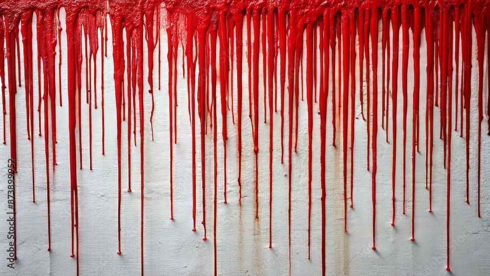 Vibrant red paint drips slowly down a pristine white wall, forming a mesmerizing abstract pattern of fluid dynamic art. Vibrant red paint drips slowly down a pristine white wall, forming a mesmerizing abstract pattern of fluid dynamic art.