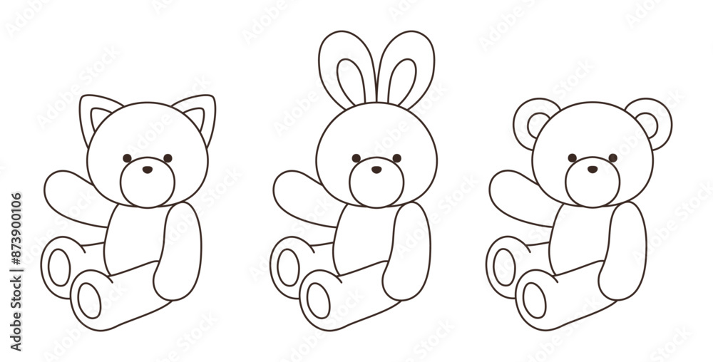 かわいいくまとうさぎとねこのぬいぐるみのベクターイラスト　アイコン　セット　動物