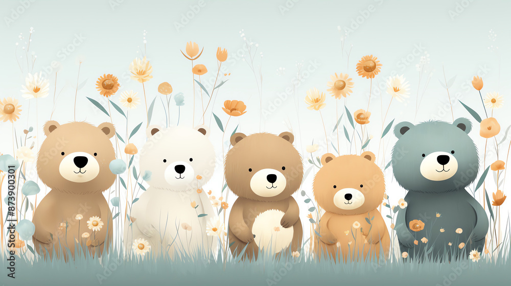 Naklejka premium Five adorable cartoon bears standing in a field of flowers.