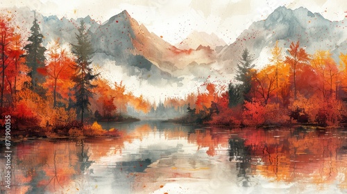 Autumnal Mountain Landscape with Lake