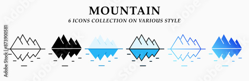 Mountain icons collection. 6 Various styles. Lineal, solid Black, flat, lineal color and gradient. For sign, symbol, presentation, infographic or web graphics. Vector Illustration.