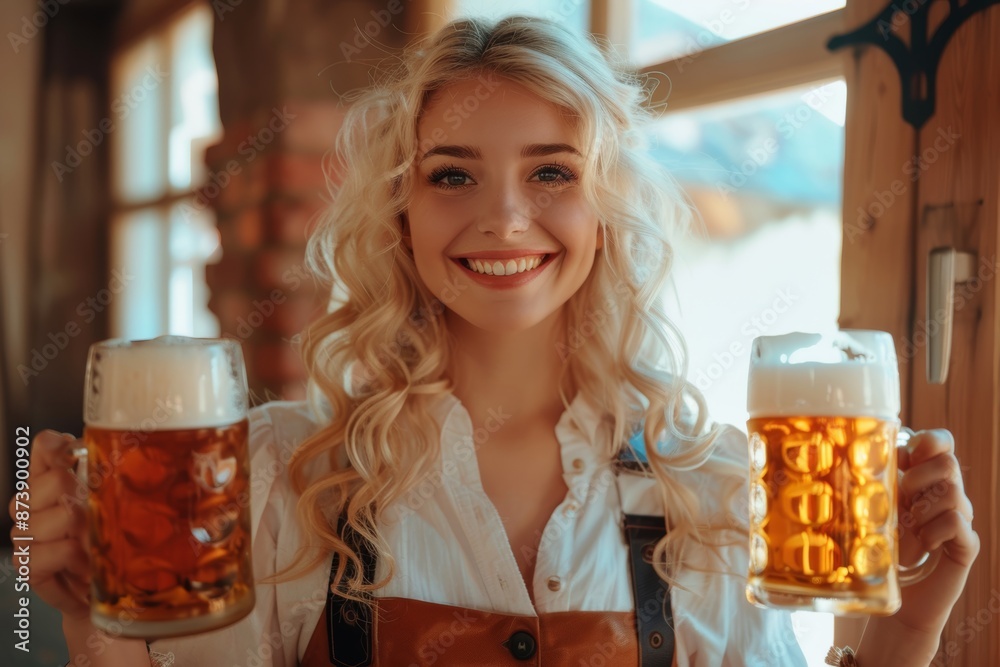 Smiling woman in traditional Bavarian dress holding two large beer mugs, Ideal for Oktoberfest promotions. Smiling woman in traditional Bavarian dress holding two large beer mugs, Ideal for Oktoberfest promotions.