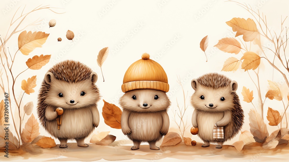 Obraz premium Three cute hedgehogs standing in autumn leaves.