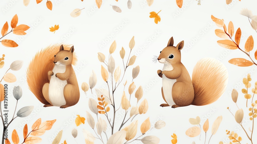 Two cute squirrels amidst autumn leaves, watercolor illustration. Two cute squirrels amidst autumn leaves, watercolor illustration.