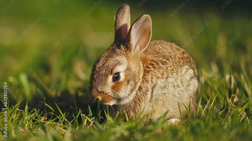Young wild rabbit grooming on grass in North Yorkshire UK Young wild rabbit grooming on grass in North Yorkshire UK