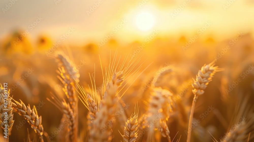 Wheat And Sunflowers. Ripe Harvest of Wheat Kernels in Countryside Field at Sunset Wheat And Sunflowers. Ripe Harvest of Wheat Kernels in Countryside Field at Sunset