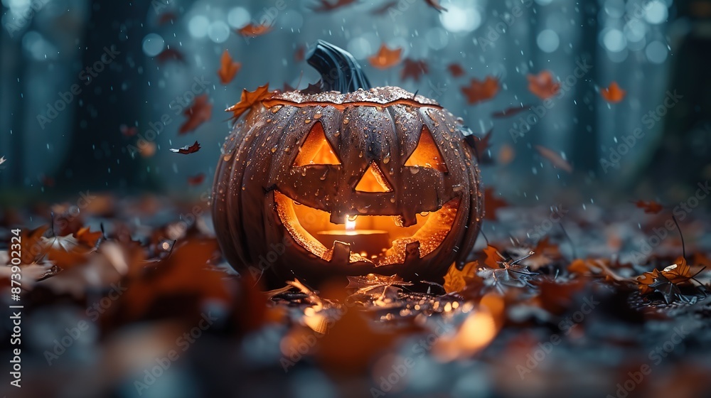 Glowing lantern with menacing smile in pumpkin dark environment Glowing lantern with menacing smile in pumpkin dark environment