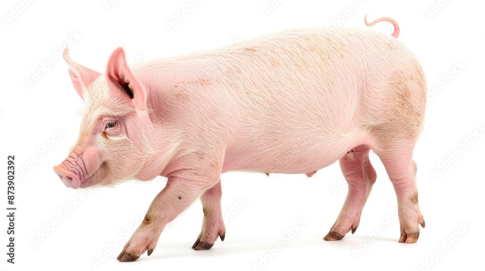 Adult Pig Walking - Isolated on White Background. Female Farm Animal Portrait with a Sad Expression Adult Pig Walking - Isolated on White Background. Female Farm Animal Portrait with a Sad Expression