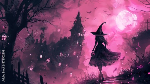 Pink Halloween Castele with Bats and witch photo