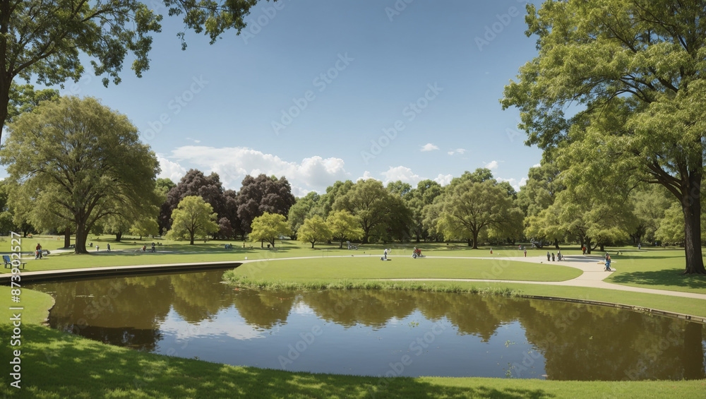 The image shows a grassy park with a small pond, several large trees and a paved path. The sky is blue and sunny.
The image shows a grassy park with a small pond, several large trees and a paved path. The sky is blue and sunny.