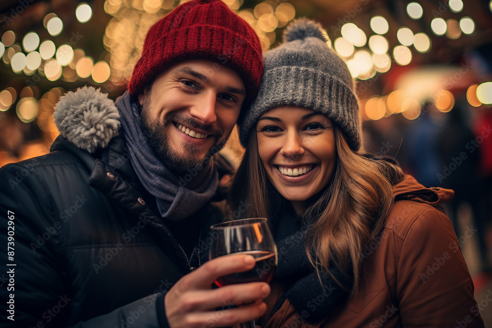 Ai generated image of young cheerful people drinking mulled wine at the christmas market on a winter vacation Ai generated image of young cheerful people drinking mulled wine at the christmas market on a winter vacation