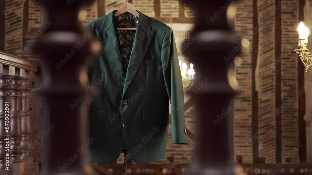 green blazer hangs from a rustic wooden interior, framed by wooden pillars, creating a cozy ambiance green blazer hangs from a rustic wooden interior, framed by wooden pillars, creating a cozy ambiance