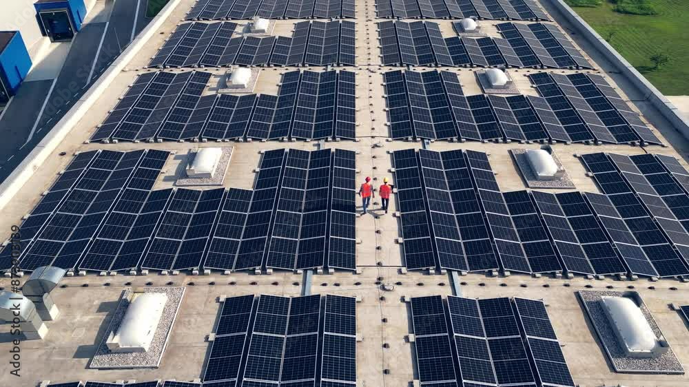Rooftop Cell Array Two electricians walking on rooftop solar panel array aerial back view ...
