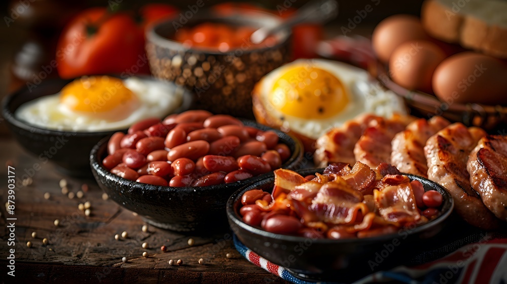 Full English Breakfast with Baked Beans, Bacon, and Fried Eggs Full English Breakfast with Baked Beans, Bacon, and Fried Eggs