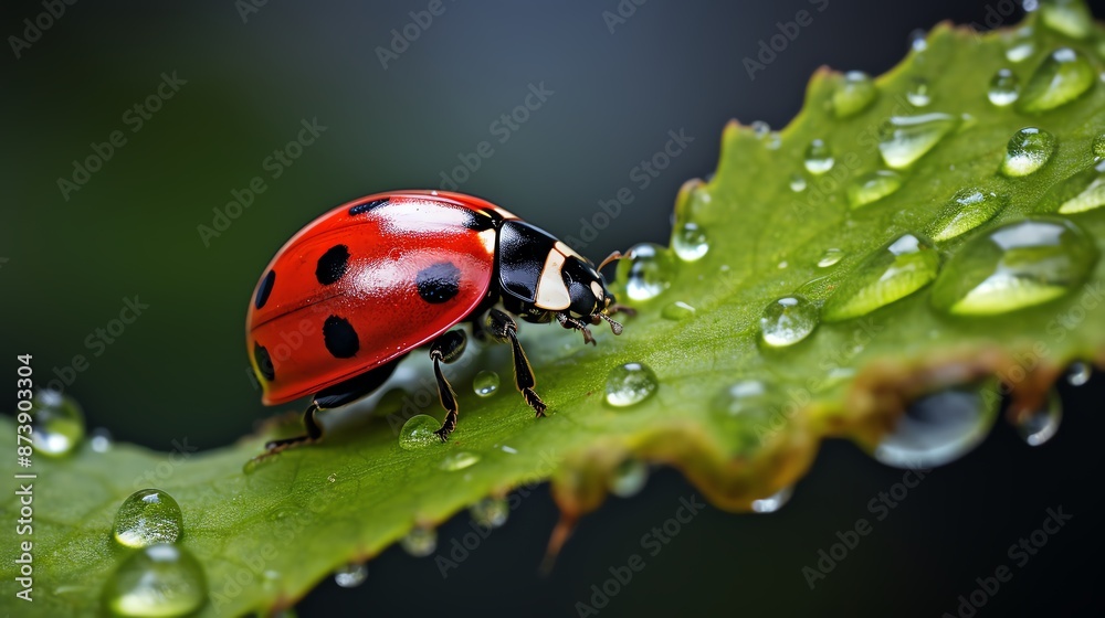 Obraz premium A ladybug perched on a green leaf with dew drops.