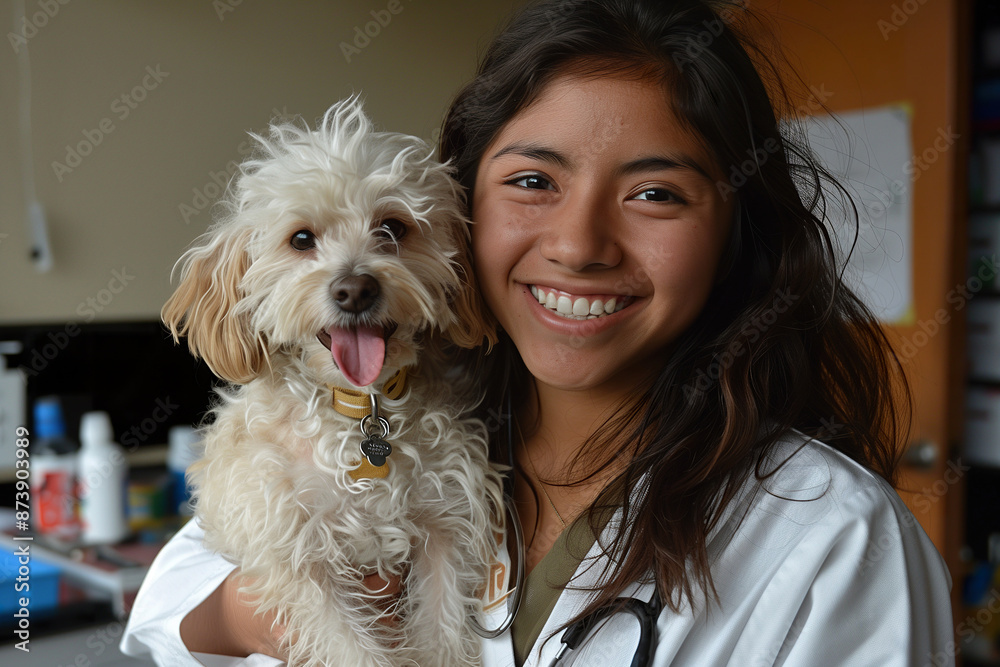 Female veterinarian carrying a poodle dog, looking at the camera, close up. Copy space. Female veterinarian carrying a poodle dog, looking at the camera, close up. Copy space.