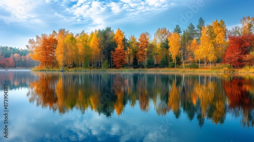 autumn lake reflection, tranquil lake mirrors beautiful fall foliage, perfect spot for autumn getaway © Aliaksandra