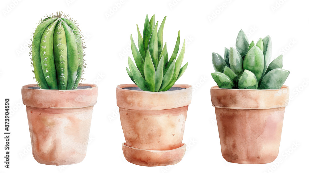 Three potted plants with green leaves sit in a row Three potted plants with green leaves sit in a row