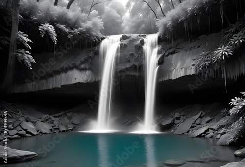 Two small waterfalls flowing into a small river in the forest