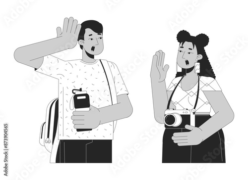 Excited mixed race couple traveling sightseeing black and white 2D line cartoon characters. Diverse tourists together isolated vector outline people. Excitement monochromatic flat spot illustration