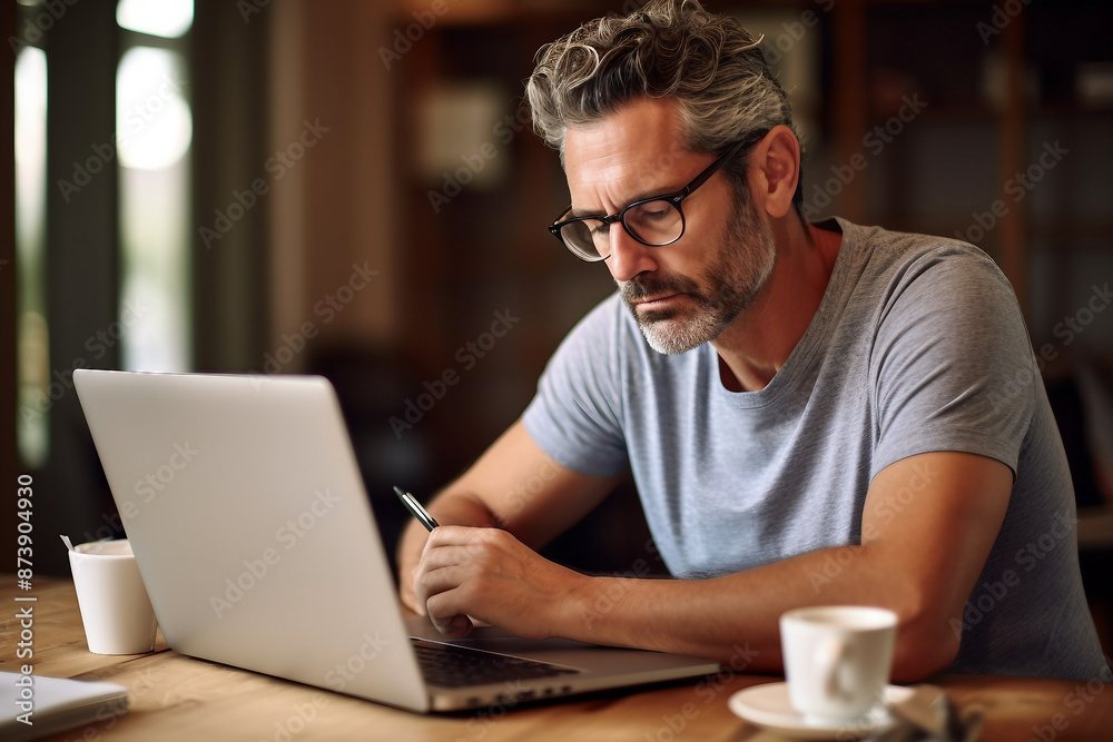 Image of senior student using modern gadgets in cafe indoors generative AI concept Image of senior student using modern gadgets in cafe indoors generative AI concept