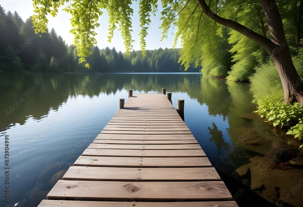 A wooden bridge is placed next to a clear lake, there is a forest around the lake A wooden bridge is placed next to a clear lake, there is a forest around the lake
