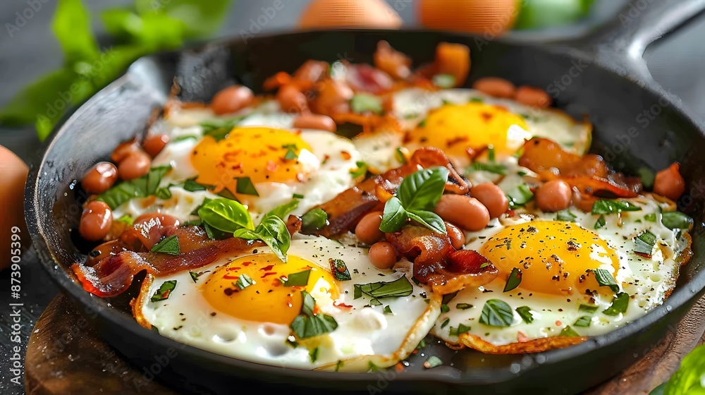 Fried Eggs with Bacon and Beans in a Cast Iron Pan Fried Eggs with Bacon and Beans in a Cast Iron Pan