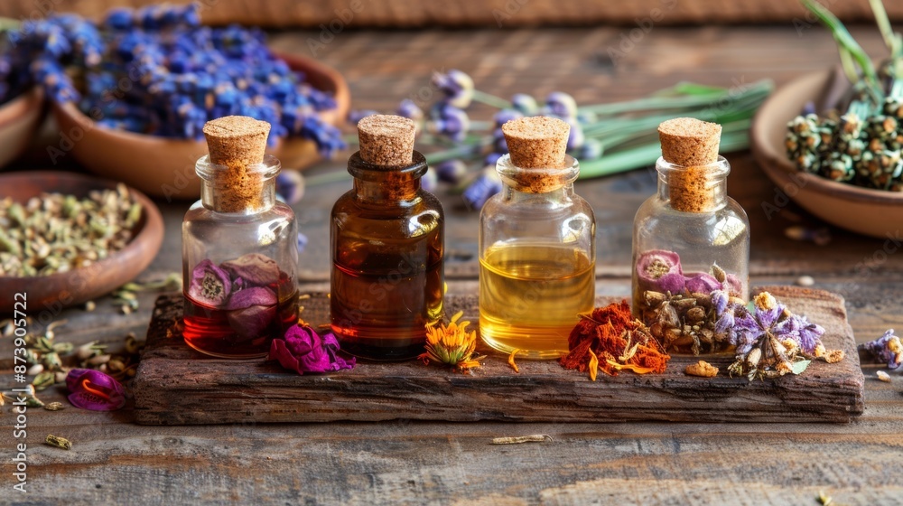 Aromatic essential oils with dried herbs on a rustic wooden table Aromatic essential oils with dried herbs on a rustic wooden table