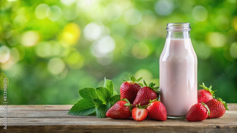 Bottle of strawberry juice with milk splashing outside on green nature background, promoting healthy nutrition and freshness Bottle of strawberry juice with milk splashing outside on green nature background, promoting healthy nutrition and freshness