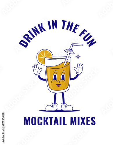 Retro cartoon mocktail character vector illustration. Vintage non-alcoholic drink mascot. Nostalgia 90s, 70s, 80s print