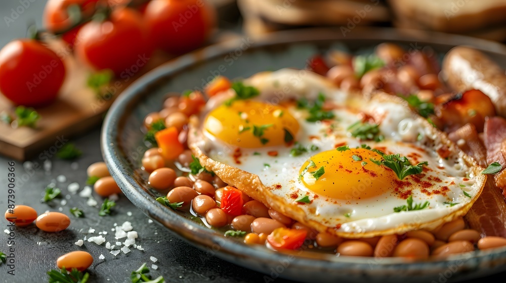 English Breakfast with Fried Eggs, Beans, Bacon and Sausage English Breakfast with Fried Eggs, Beans, Bacon and Sausage