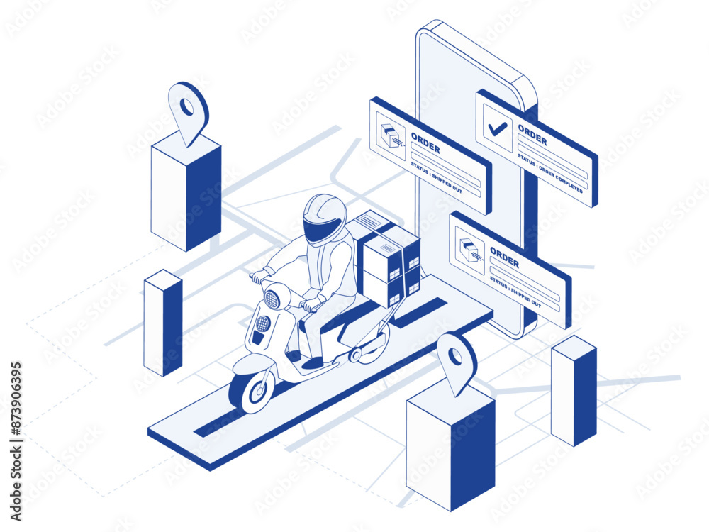 a delivery rider on a scooter navigating through an urban environment, guided by digital order track a delivery rider on a scooter navigating through an urban environment, guided by digital order track