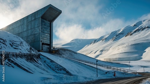 The Svalbard Global Seed Vault, a marvelously structured haven buried in the icy Arctic, its sturdy walls reaching towards the harsh skies photo