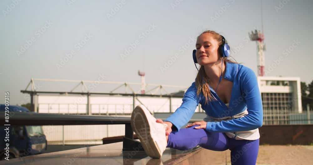 Warming up and stretching leg muscles. Close-up footage of a morning workout of a middle aged woman. She stretching her muscles while listening to her favorite music through headphones. Warming up and stretching leg muscles. Close-up footage of a morning workout of a middle aged woman. She stretching her muscles while listening to her favorite music through headphones.
