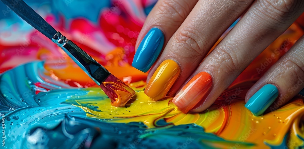 Obraz premium Close Up Of A Hand With Colorful Nail Polish Painting With A Brush