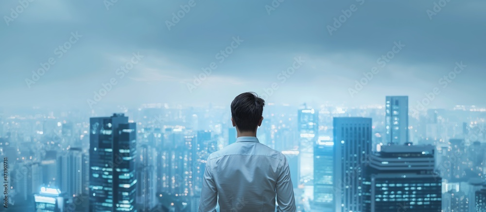 Businessman overlooking a cityscape at dusk Businessman overlooking a cityscape at dusk