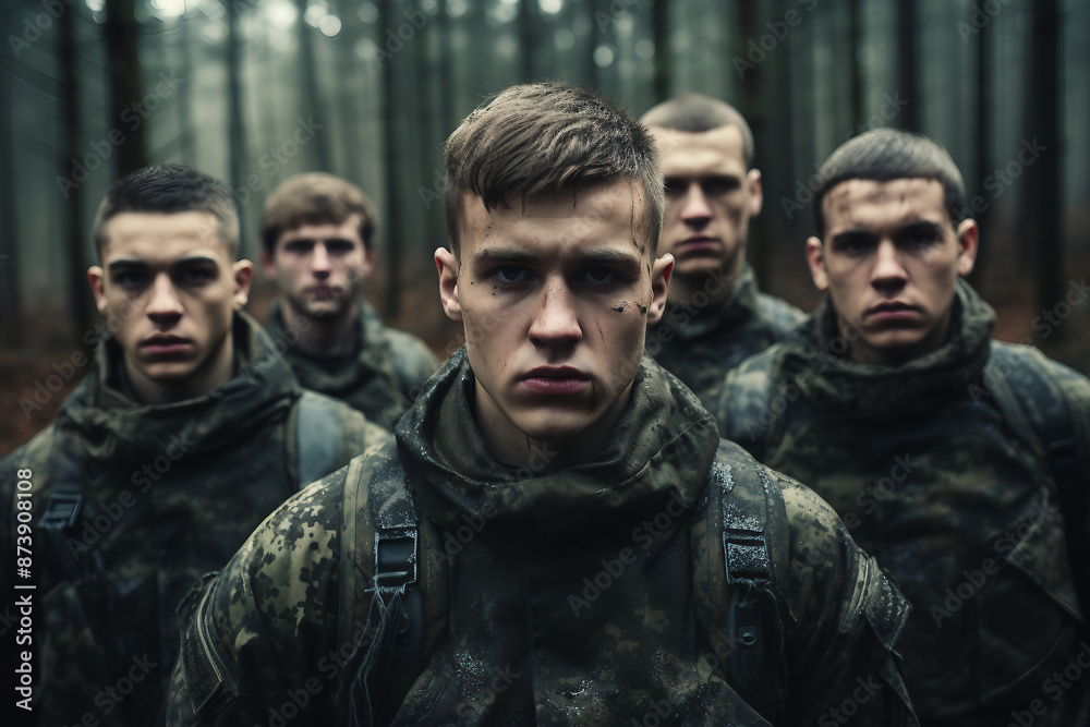 Fototapeta premium Special forces soldiers go to military operation in forest generative AI