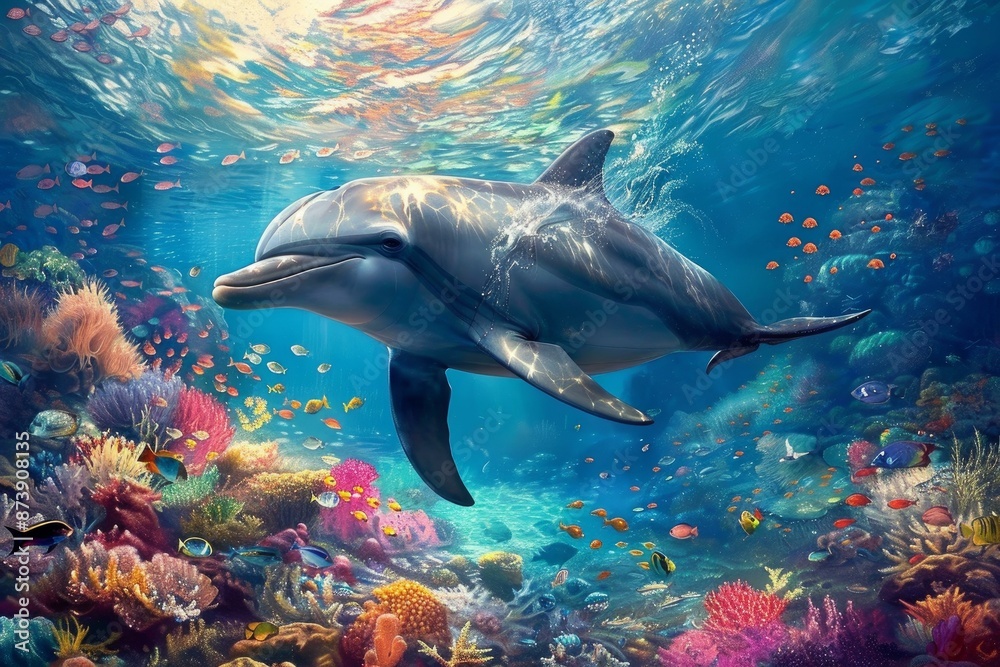 Fototapeta premium A cheerful dolphin swims amidst a lively coral reef teeming with colorful marine life