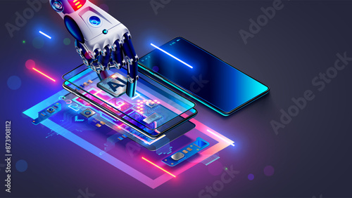 Phone with AI or artificial intelligence. Robot assembly phone on factory. CPU or chip with AI in smartphone. AI processor in electronics industry technology. Assembly phone with AI chip. Phone repair