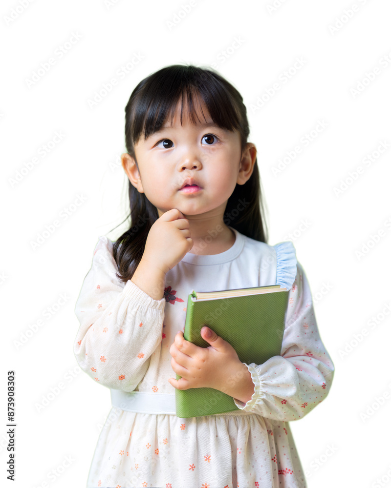Portrait of lovely Asian girl thinking and put a book on top isolated on transparent background, PNG file format. Portrait of lovely Asian girl thinking and put a book on top isolated on transparent background, PNG file format.