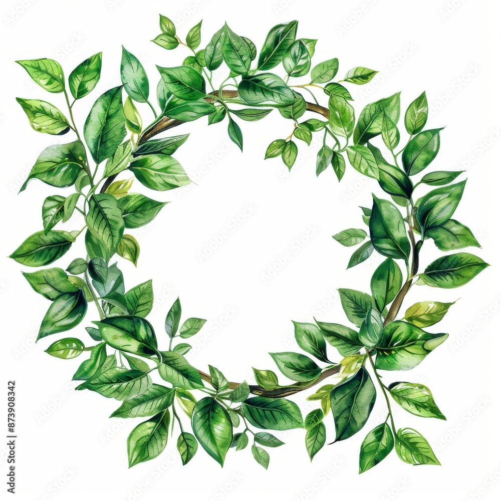 Watercolor wreath of green leaves on a white background. For design of packaging, menu, posters, website, textiles, brochures, flyers, invitations. Round wedding invitation frame, save the date card. Watercolor wreath of green leaves on a white background. For design of packaging, menu, posters, website, textiles, brochures, flyers, invitations. Round wedding invitation frame, save the date card.