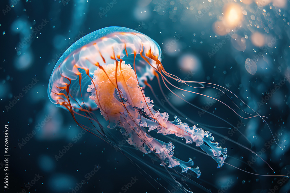 A serene underwater scene of a jellyfish drifting gracefully, its tentacles flowing elegantly A serene underwater scene of a jellyfish drifting gracefully, its tentacles flowing elegantly