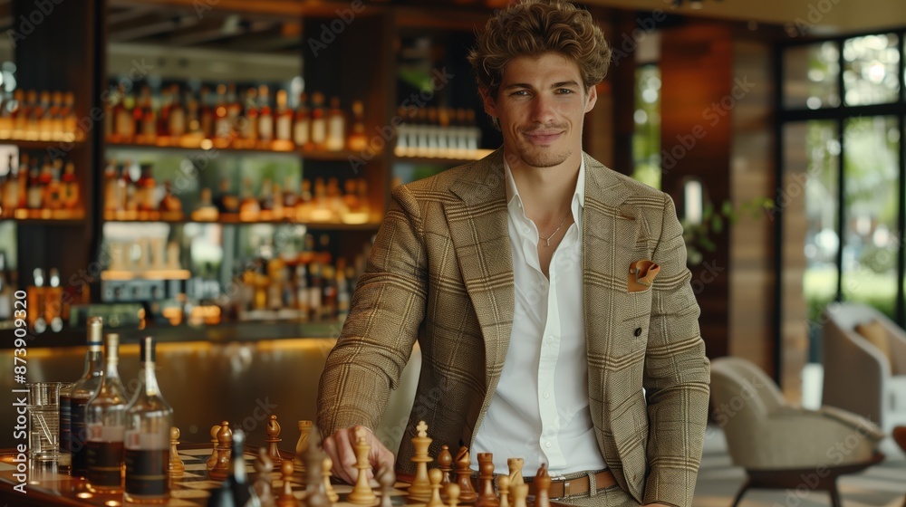 Obraz premium Man in beige suit standing by chessboard in stylish bar, surrounded by bottles, radiating confidence and sophistication.